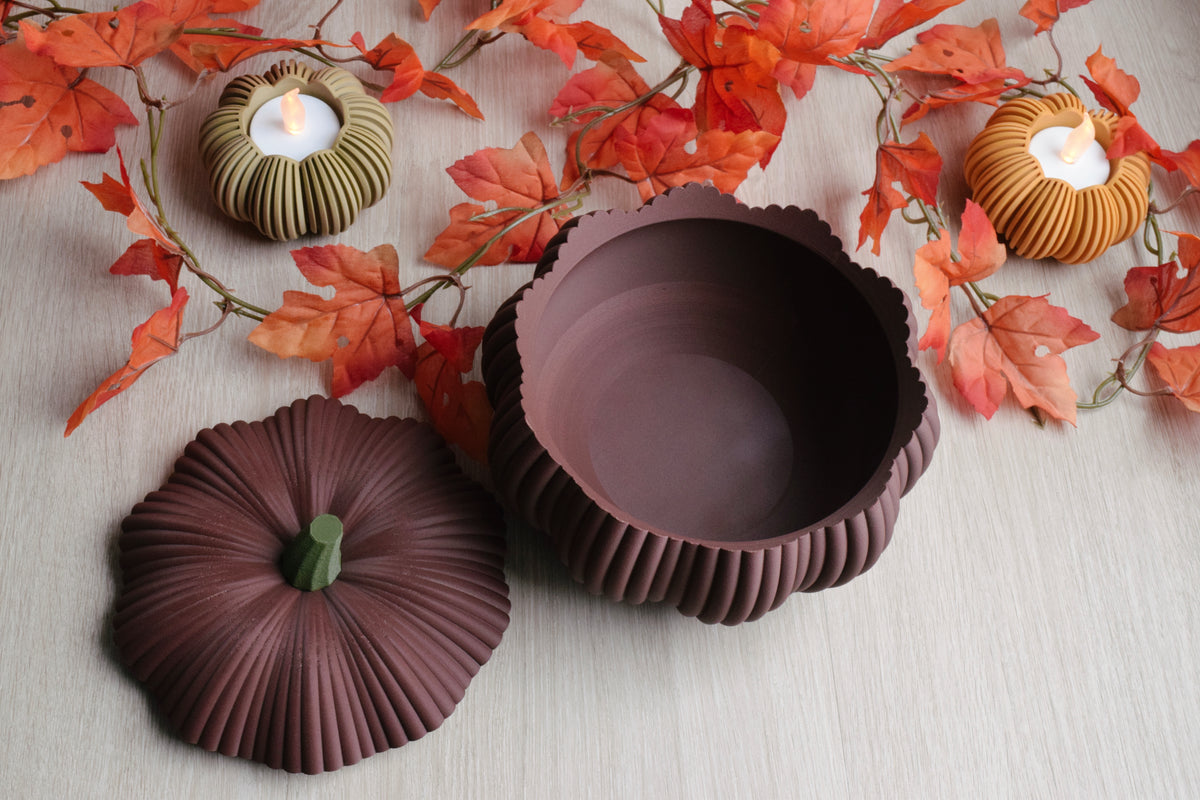 geöffnete Rot braune kürbisschale mit herbstlicher dekoration